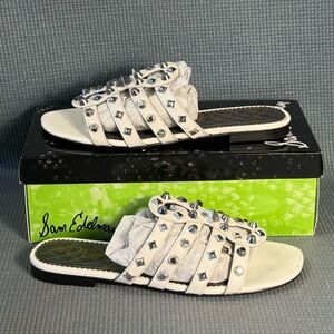 Sam Edelman Beatris Sandal White Leather Silver Studded Flats Women’s Size 9.5